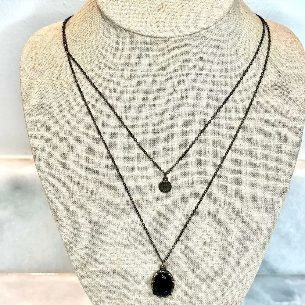 LA Double Strand Layered Stone & Metal Pendant Signed Necklace Bronze 28"